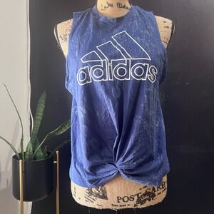 Adidas Womens Blue Acid Wash Twist Front Graphic Logo Tank Top Medium Athleisure